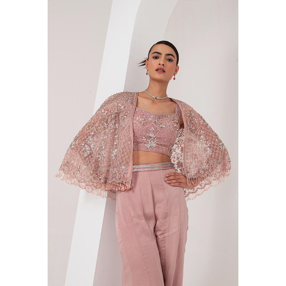 AKARA Women's Mauve Blouse with Sharara and Embellished Cape (Set of 3)