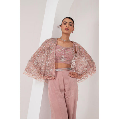 AKARA Women's Mauve Blouse with Sharara and Embellished Cape (Set of 3)