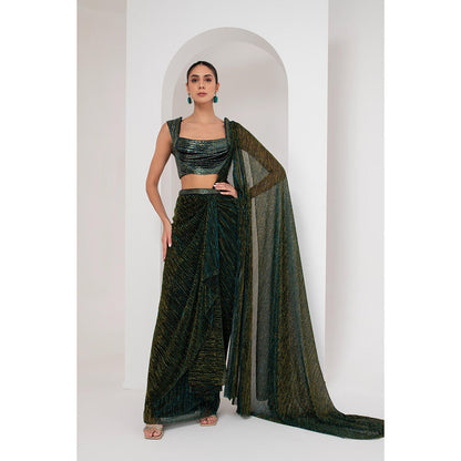 AKARA Women's Nalki Embellished Pre Drape Saree with Stitched Blouse & Belt