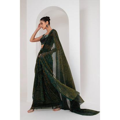 AKARA Women's Nalki Embellished Pre Drape Saree with Stitched Blouse & Belt