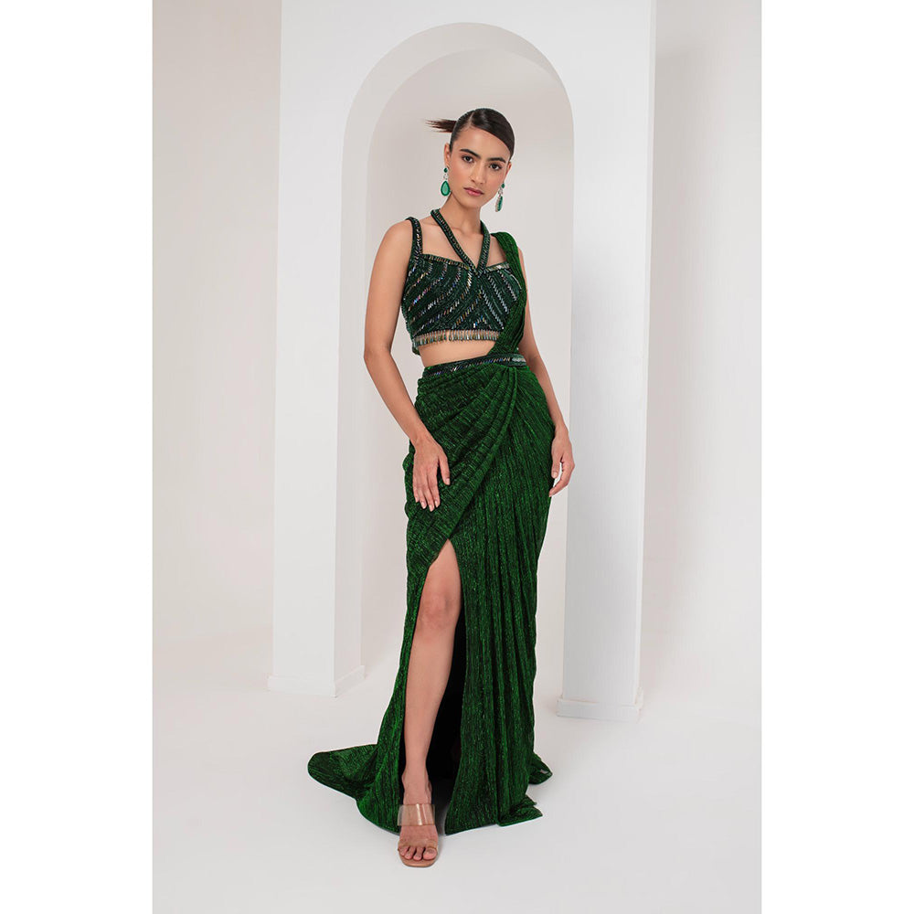 AKARA Women's Green Embellished Pre Drape Saree with Stitched Blouse & Belt