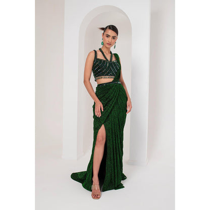 AKARA Women's Green Embellished Pre Drape Saree with Stitched Blouse & Belt