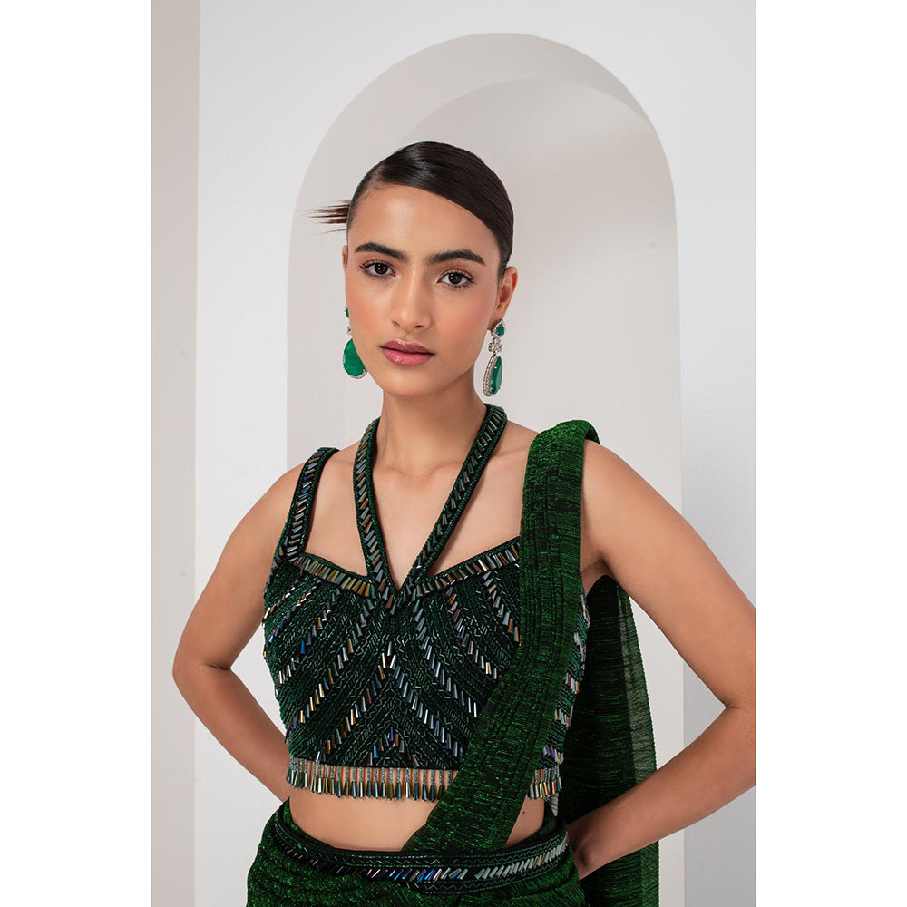 AKARA Women's Green Embellished Pre Drape Saree with Stitched Blouse & Belt