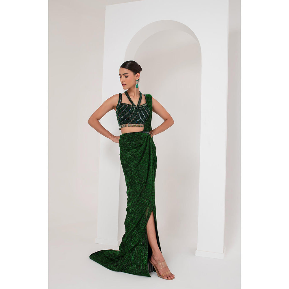 AKARA Women's Green Embellished Pre Drape Saree with Stitched Blouse & Belt