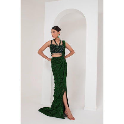 AKARA Women's Green Embellished Pre Drape Saree with Stitched Blouse & Belt