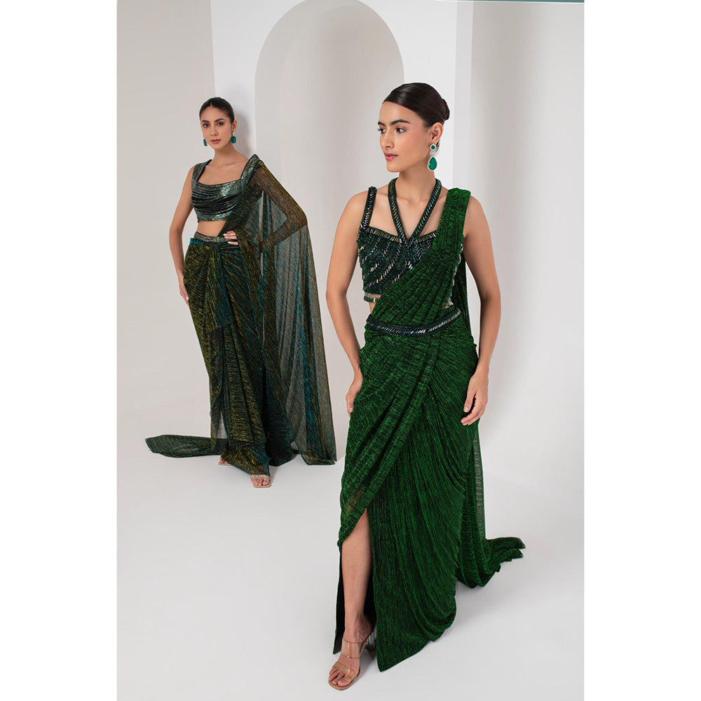 AKARA Women's Green Embellished Pre Drape Saree with Stitched Blouse & Belt