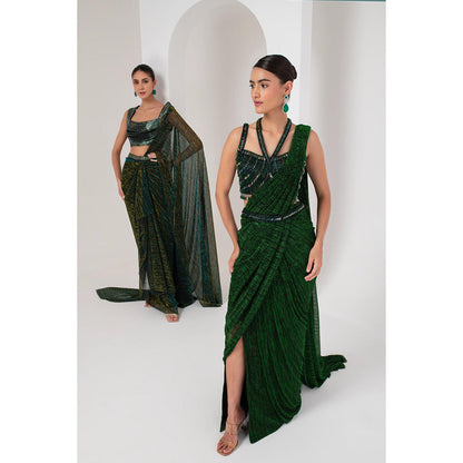 AKARA Women's Green Embellished Pre Drape Saree with Stitched Blouse & Belt