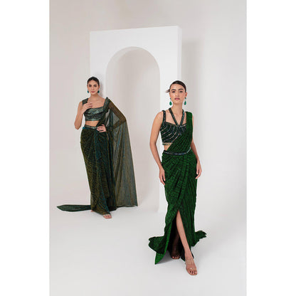 AKARA Women's Green Embellished Pre Drape Saree with Stitched Blouse & Belt