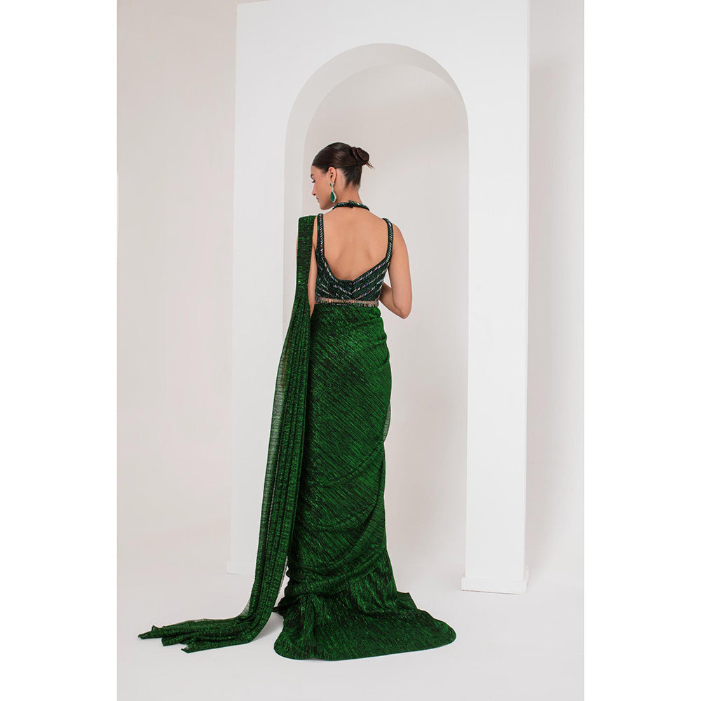 AKARA Women's Green Embellished Pre Drape Saree with Stitched Blouse & Belt