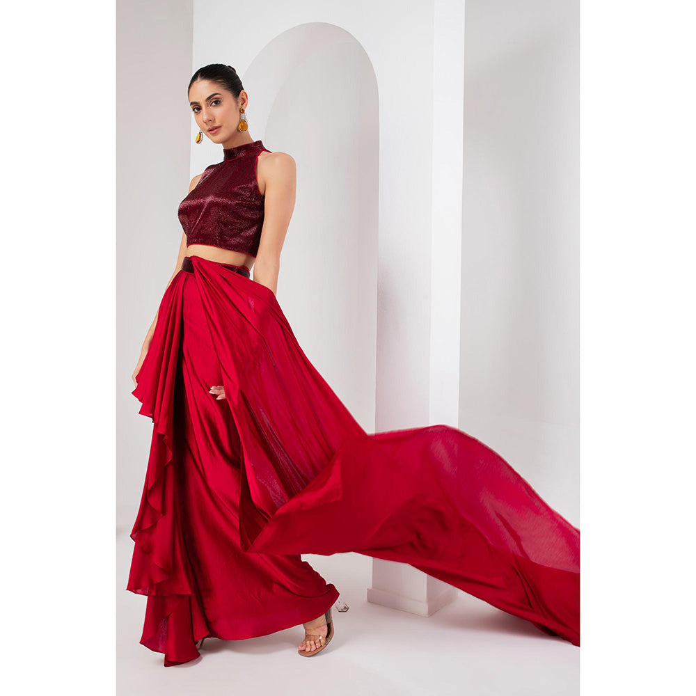AKARA Women's Red Nalki Embellished Pre Drape Saree with Stitched Blouse & Belt