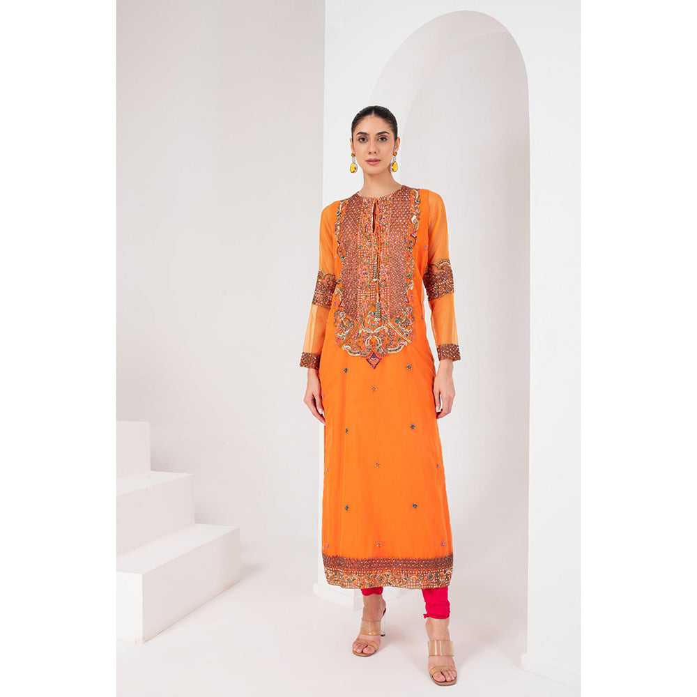 AKARA Women's Orange & Fascia Pink Embellished Kurta with Churidar and Dupatta (Set of 3)