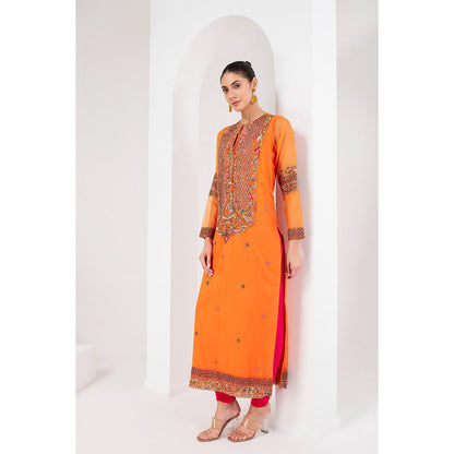 AKARA Women's Orange & Fascia Pink Embellished Kurta with Churidar and Dupatta (Set of 3)