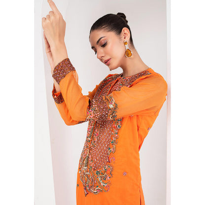 AKARA Women's Orange & Fascia Pink Embellished Kurta with Churidar and Dupatta (Set of 3)