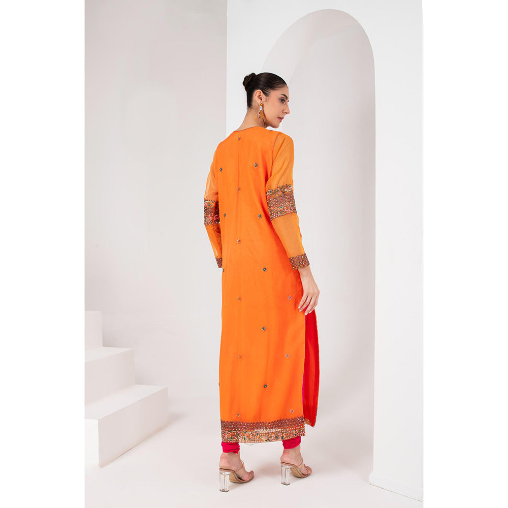 AKARA Women's Orange & Fascia Pink Embellished Kurta with Churidar and Dupatta (Set of 3)