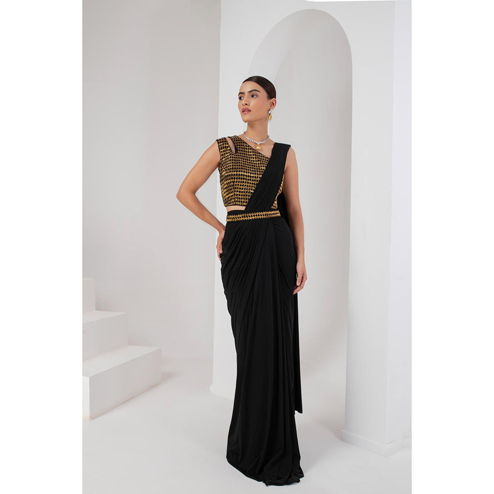 AKARA Women's Embellished Pre Drape Saree with Stitched Blouse & Belt