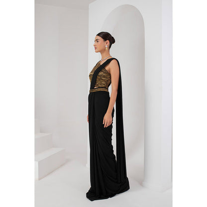 AKARA Women's Embellished Pre Drape Saree with Stitched Blouse & Belt