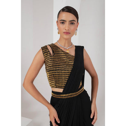 AKARA Women's Embellished Pre Drape Saree with Stitched Blouse & Belt