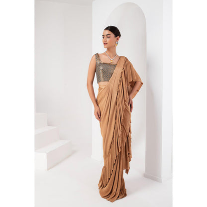 AKARA Women's Gold Embellished Pre Drape Saree with Stitched Blouse