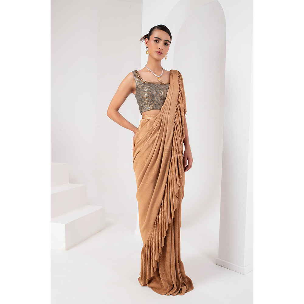 AKARA Women's Gold Embellished Pre Drape Saree with Stitched Blouse