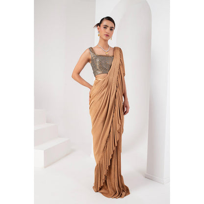 AKARA Women's Gold Embellished Pre Drape Saree with Stitched Blouse