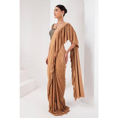AKARA Women's Gold Embellished Pre Drape Saree with Stitched Blouse