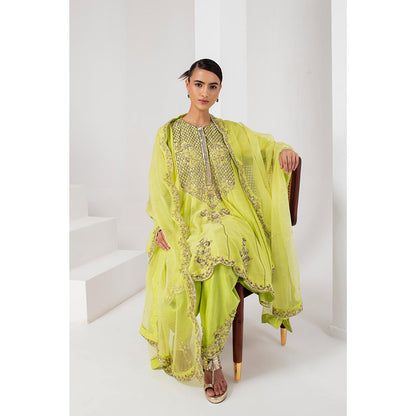 AKARA Women's Lime Green Embellished Kalidar Kurti with Dhoti and Dupatta (Set of 3)