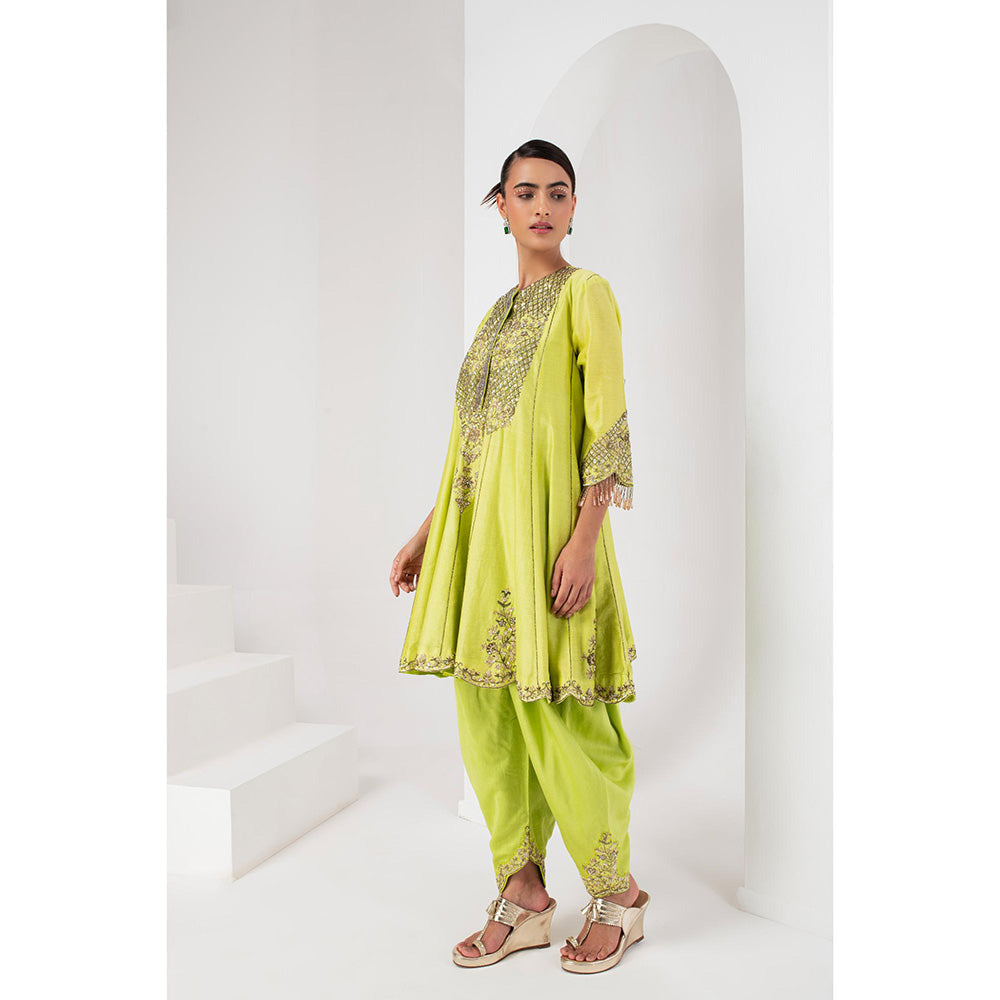 AKARA Women's Lime Green Embellished Kalidar Kurti with Dhoti and Dupatta (Set of 3)