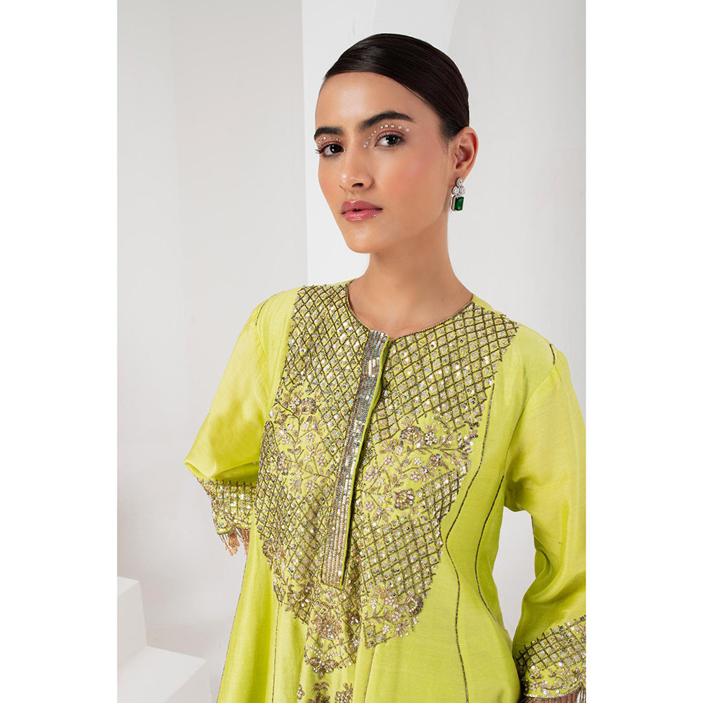 AKARA Women's Lime Green Embellished Kalidar Kurti with Dhoti and Dupatta (Set of 3)