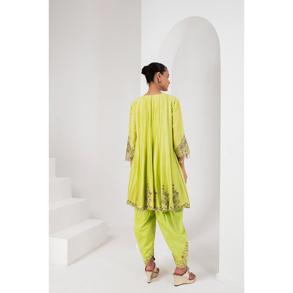 AKARA Women's Lime Green Embellished Kalidar Kurti with Dhoti and Dupatta (Set of 3)