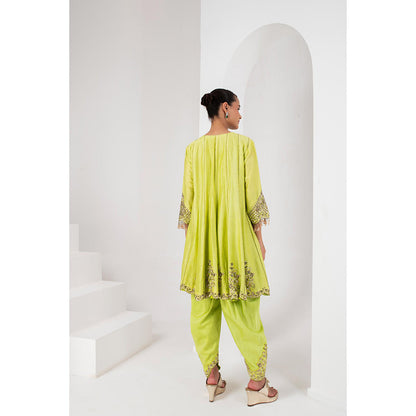 AKARA Women's Lime Green Embellished Kalidar Kurti with Dhoti and Dupatta (Set of 3)