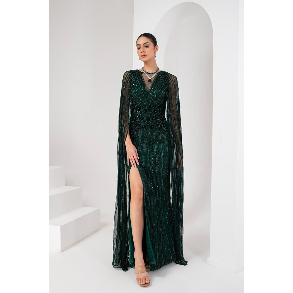 AKARA Women's Midnight Green Heavily Embellished Gown with Cape (Set of 2)