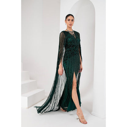 AKARA Women's Midnight Green Heavily Embellished Gown with Cape (Set of 2)