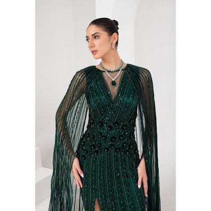 AKARA Women's Midnight Green Heavily Embellished Gown with Cape (Set of 2)