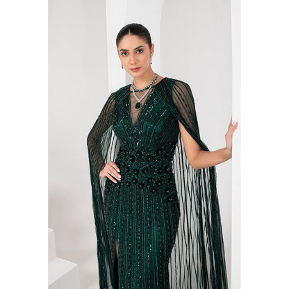 AKARA Women's Midnight Green Heavily Embellished Gown with Cape (Set of 2)
