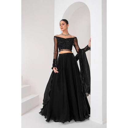 AKARA Women's Black Embellished Stitched Blouse with Lehenga and Ruffle Dupatta (Set of 3)