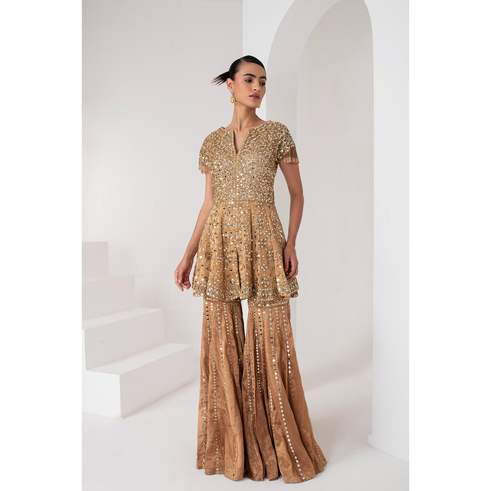 AKARA Women's Gold Tissue Short Embellished Kurti with Sharara and Dupatta (Set of 3)