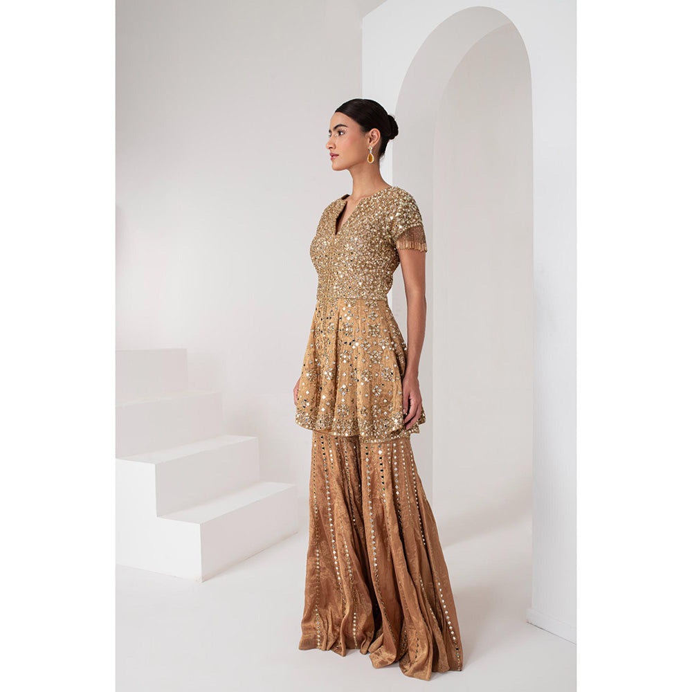 AKARA Women's Gold Tissue Short Embellished Kurti with Sharara and Dupatta (Set of 3)