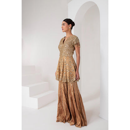 AKARA Women's Gold Tissue Short Embellished Kurti with Sharara and Dupatta (Set of 3)