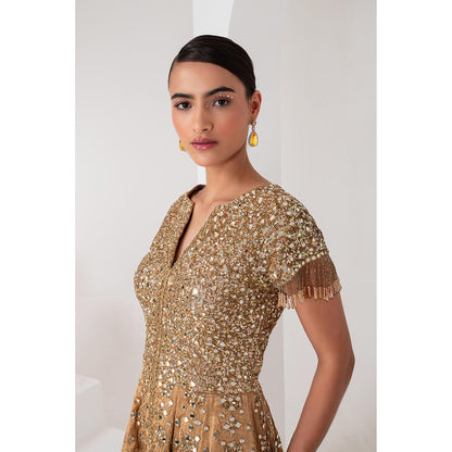 AKARA Women's Gold Tissue Short Embellished Kurti with Sharara and Dupatta (Set of 3)