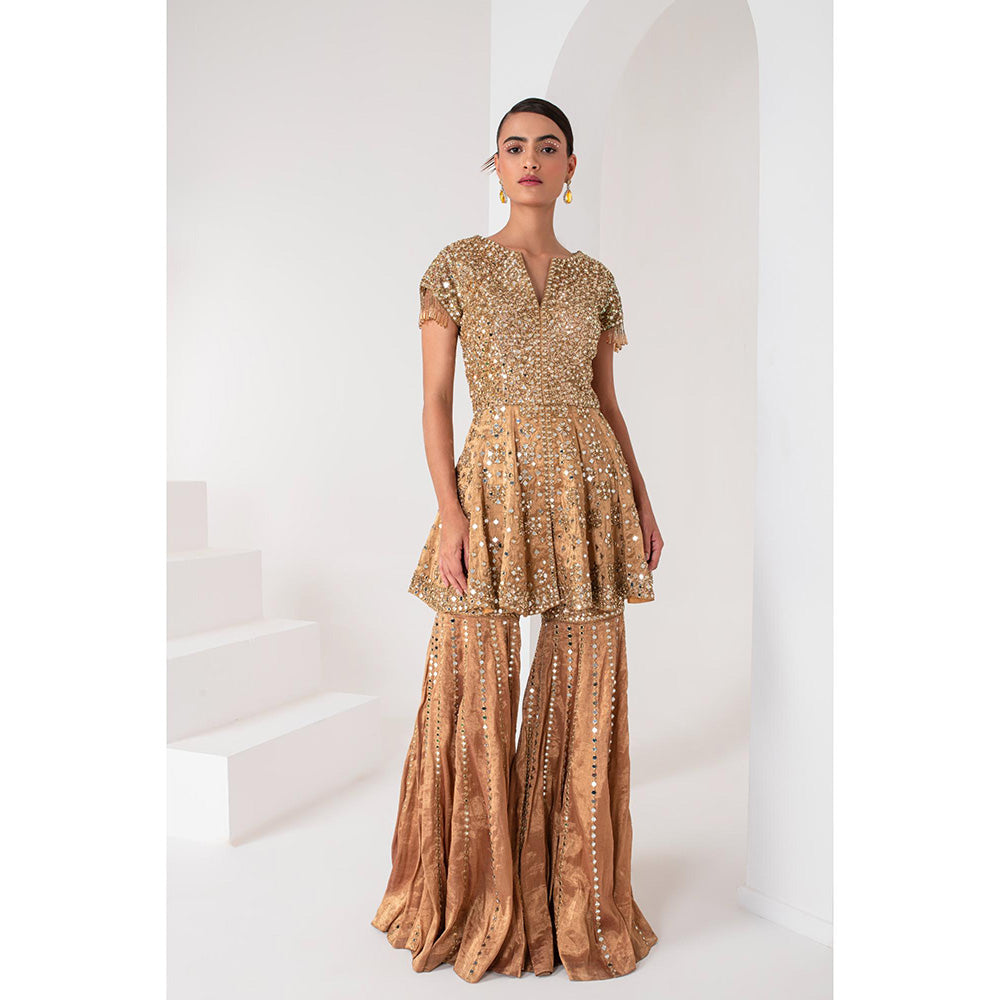 AKARA Women's Gold Tissue Short Embellished Kurti with Sharara and Dupatta (Set of 3)