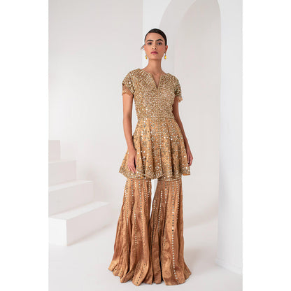 AKARA Women's Gold Tissue Short Embellished Kurti with Sharara and Dupatta (Set of 3)