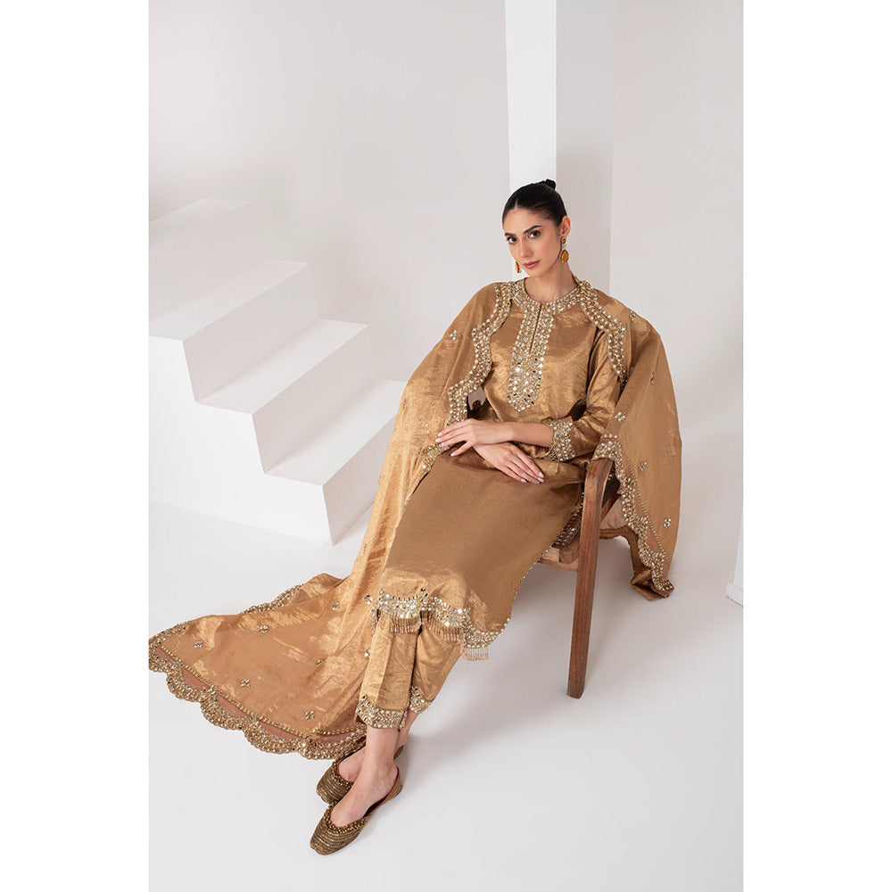 AKARA Women's Gold Tissue Embellished Mirror Work Kurta with Pant and Dupatta (Set of 3)
