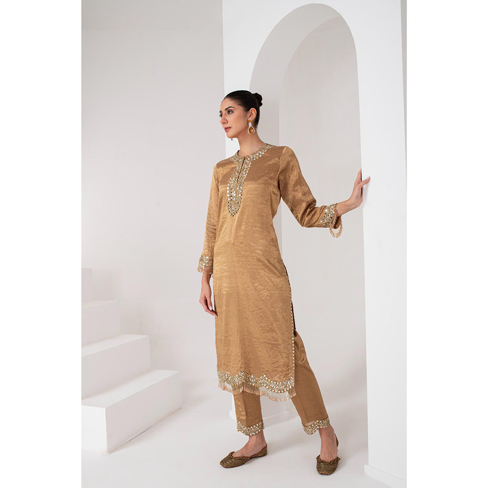 AKARA Women's Gold Tissue Embellished Mirror Work Kurta with Pant and Dupatta (Set of 3)