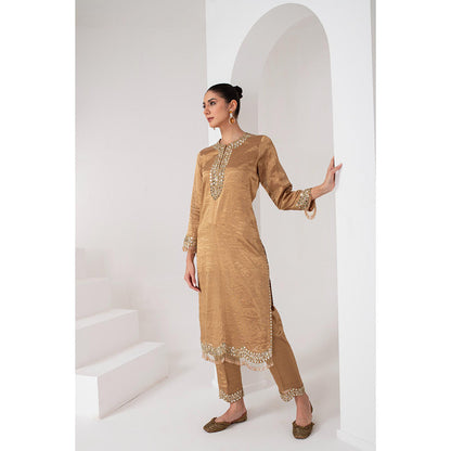 AKARA Women's Gold Tissue Embellished Mirror Work Kurta with Pant and Dupatta (Set of 3)