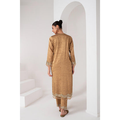AKARA Women's Gold Tissue Embellished Mirror Work Kurta with Pant and Dupatta (Set of 3)