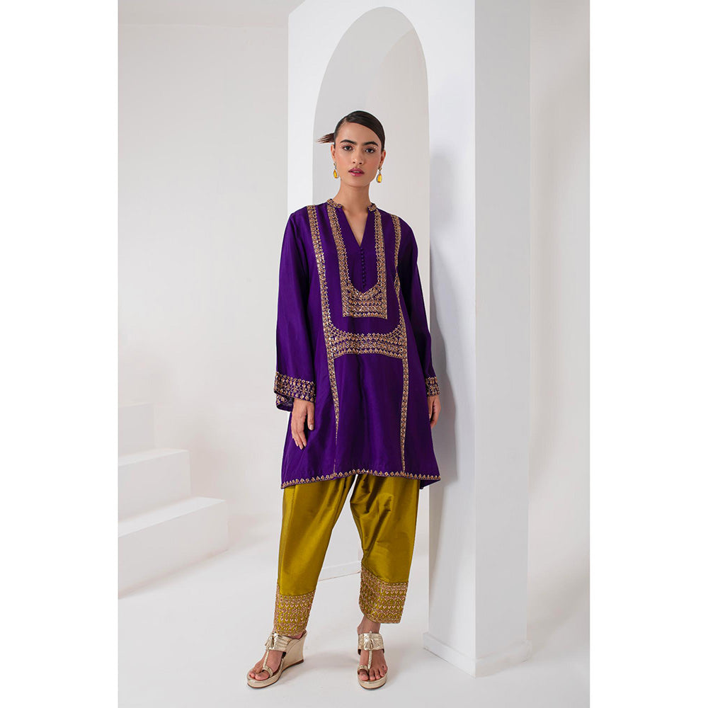 AKARA Women's Purple & Olive Green Kurta with Pakistani Salwar and Dupatta (Set of 3)
