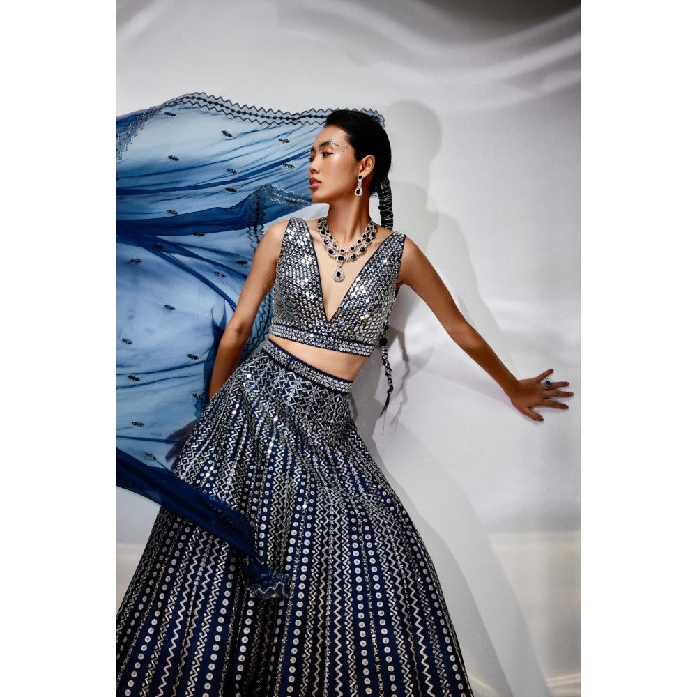 AKARA Women's Midnight Blue Mirror Work Stitched Blouse with Lehenga and Dupatta (Set of 3)