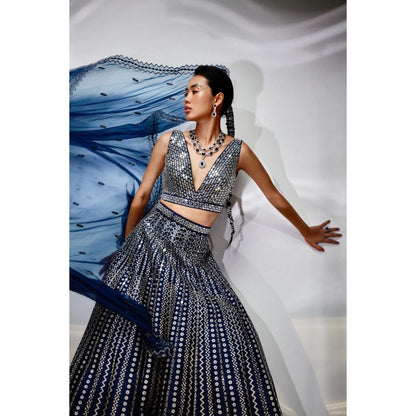 AKARA Women's Midnight Blue Mirror Work Stitched Blouse with Lehenga and Dupatta (Set of 3)