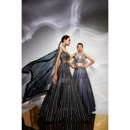 AKARA Women's Midnight Blue Mirror Work Stitched Blouse with Lehenga and Dupatta (Set of 3)