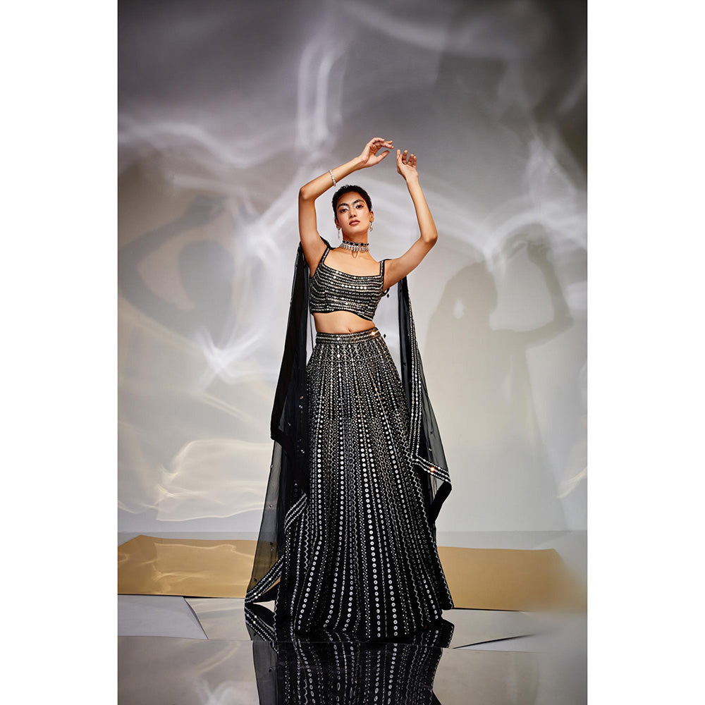 AKARA Women's Midnight Black Mirror Work Stitched Blouse with Lehenga and Dupatta (Set of 3)